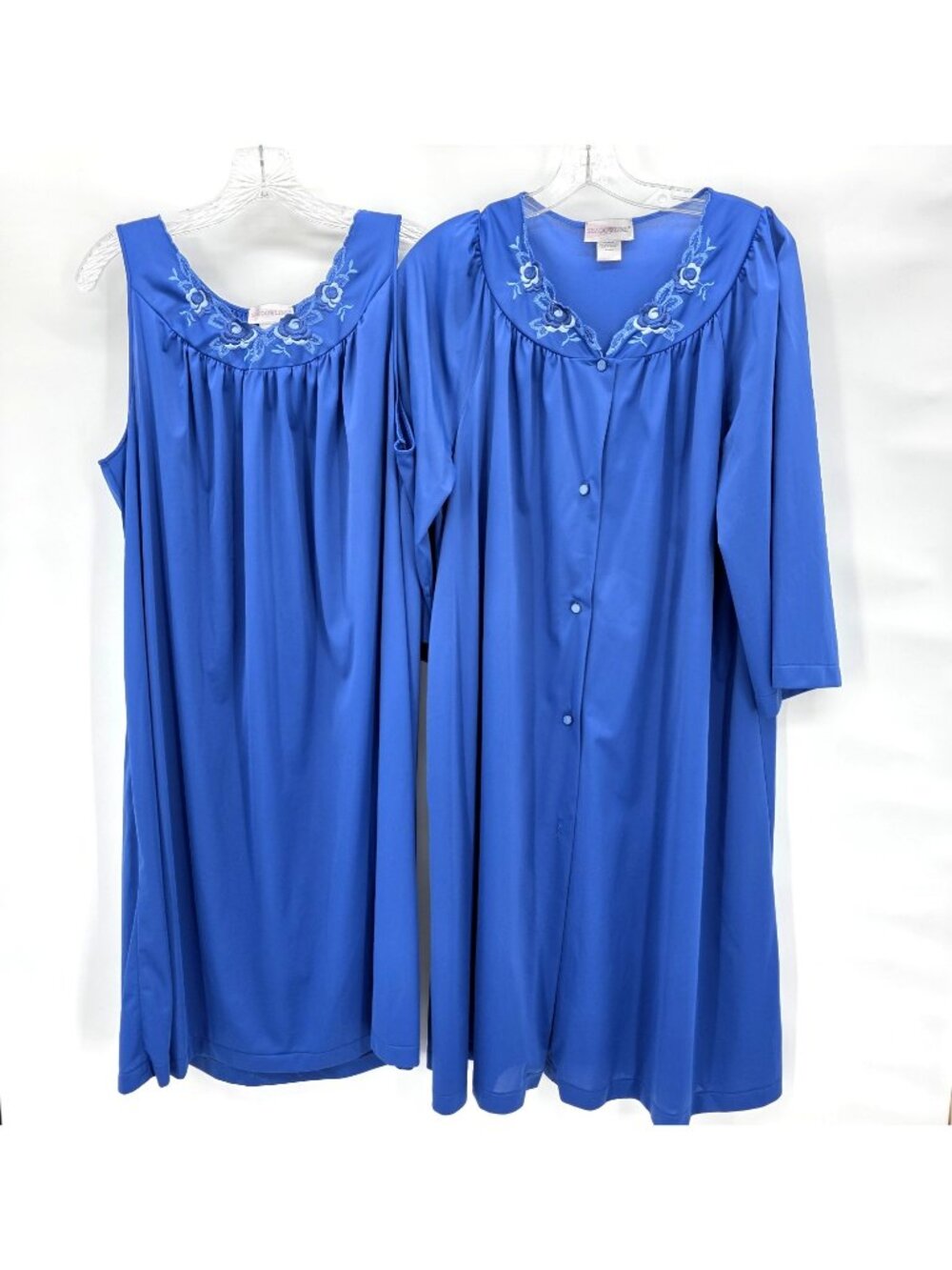 SHADOWLINE Peignoir Set Large Blue Nightgown Robe Silky Nylon 40" Long Retro